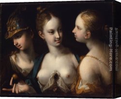 Venus Verticordia Canvas Paintings - Pallas Athena, Venus and Juno by Hans von Aachen