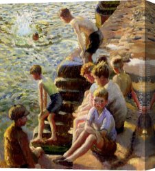 Boy Lighting a Pipe Canvas Paintings - Boys Bathing by Harold Harvey