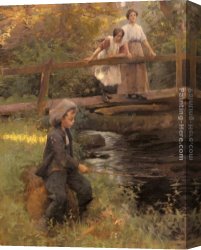 Stream Canvas Paintings - Fishing By A Forest Stream by Harold Harvey