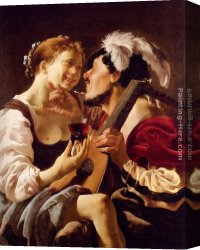 Hendrick Canvas Paintings - A Luteplayer Carousing With A Young Woman Holding A Roemer by Hendrick Terbrugghen