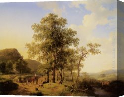 Landscape with Cattle Canvas Paintings - A Treelined River Landscape with Figures and Cattle an a Path by Hendrikus van den Sande Bakhuyzen