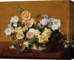 Hearts And Flowers I Canvas Paintings - Bouquet of Roses and Other Flowers by Henri Fantin-Latour