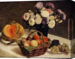 A Still Life with Flowers Grapes And a Melon Canvas Paintings - Flowers and Fruit a Melon by Henri Fantin-Latour