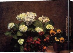 Pots Canvas Paintings - Hydrangias Cloves and Two Pots of Pansies by Henri Fantin-Latour