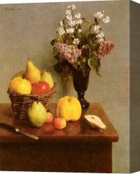 A Still Life with Flowers Grapes And a Melon Canvas Paintings - Still Life With Flowers And Fruit by Henri Fantin-Latour
