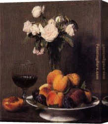 Wine Canvas Paintings - Still Life with Roses Fruit and a Glass of Wine by Henri Fantin-Latour