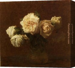 Pink Canvas Paintings - Yellow Pink Roses in a Glass Vase by Henri Fantin-Latour