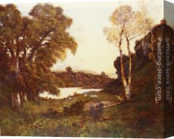 Lake Como Sunset Sail Canvas Paintings - Goats grazing beside a lake at sunset by Henri-Joseph Harpignies