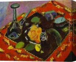 Matisse Canvas Paintings - Dishes and Fruit on a Red and Black Carpet by Henri Matisse