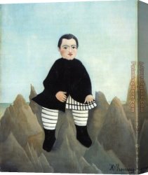 Boy Lighting a Pipe Canvas Paintings - Boy on the Rocks by Henri Rousseau