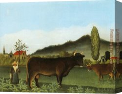 Henri Canvas Paintings - Landscape with Cattle by Henri Rousseau