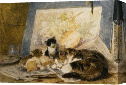 Ronner-knip Canvas Paintings - A Cat and her Kittens in the Artists Studio by Henriette Ronner-Knip