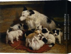 Ronner-knip Canvas Paintings - A dog and her puppies by Henriette Ronner-Knip