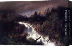 Landscape with Stream And Mountains Canvas Paintings - Mountain Landscape and Waterfall by Herman Herzog