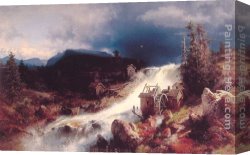 Landscape with Stream And Mountains Canvas Paintings - Mountain Landscape with Watermill by Herman Herzog