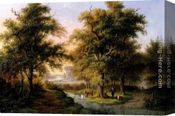 Woodland Canvas Paintings - A Mountainous Woodland With The Kurhaus, Cleves, In The Distance by Hermanus Everhardus Rademaker