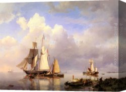 Fisherman's Canvas Paintings - Vessels at Anchor in an Estuary with Fisherman hauling up their rowing boat in the Foreground by Hermanus Koekkoek Snr