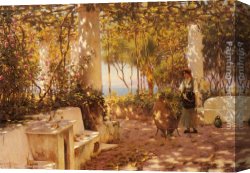 Peasants Canvas Paintings - A Peasant Girl on a Sunlit Veranda by Horace Fisher