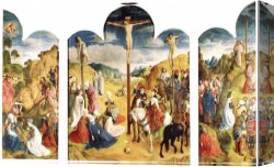 Hugo Canvas Paintings - Calvary Triptych by Hugo van der Goes