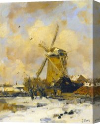 Windmill at Zaandam 2 Canvas Paintings - A Windmill in a Winter Landscape by Jacob Henricus Maris