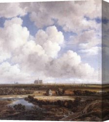 Ground Canvas Paintings - View of Haarlem with Bleaching Grounds by Jacob van Ruisdael