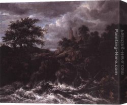Waterfall Canvas Paintings - Waterfall by a Church by Jacob van Ruisdael