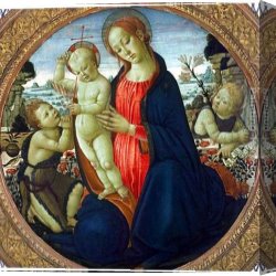 Baptist Canvas Paintings - Madonna and Child with Infant, St. John the Baptist and Attending Angel by Jacopo Del Sellaio