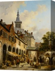 Square Canvas Paintings - A Busy Market on a Town Square by Jacques Carabain