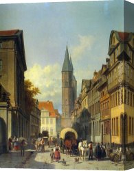 Town Canvas Paintings - A Busy Street in a German Town by Jacques Carabain