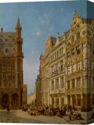 Figure Canvas Paintings - Many Figures at an Auction on the Grande Place in Brussels by Jacques Carabain