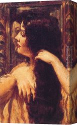 Hair Canvas Paintings - Brunette Combing Her Hair by James Carroll Beckwith