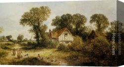 Edwin Canvas Paintings - Childrem by a Country Cottage by James Edwin Meadows