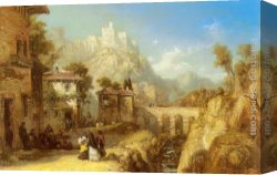 Mediterranean Shipping Canvas Paintings - A Mediterranean Landscape with Villagers by James Webb