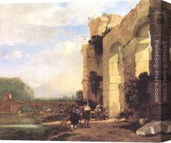 Ruins in a Landscape Canvas Paintings - Italian Landscape with the Ruins of a Roman Bridge and Aqueduct by Jan Asselyn