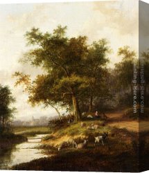 A Shepherdess with Her Flock Canvas Paintings - A Shepherdess And Her Flock At Rest by Jan Evert Morel