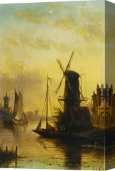 Windmill at Zaandam 2 Canvas Paintings - A Summer Landscape with a Windmill at Sunset by Jan Jacob Coenraad Spohler