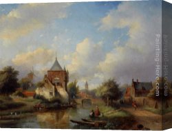 Jacob's Canvas Paintings - A Summer Landscape with Figures Along the Riverside by Jan Jacob Coenraad Spohler