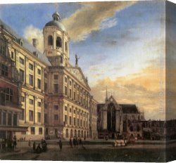 Square Canvas Paintings - Amsterdam, Dam Square with the Town Hall and the Nieuwe Kerk by Jan van der Heyden