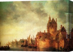 Mediterranean Shipping Canvas Paintings - A Castle By A River With Shipping At A Quay by Jan van Goyen