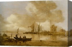 Mediterranean Shipping Canvas Paintings - A river estuary with Dutch shipping and a Lighthouse by Jan van Goyen