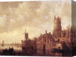Windmill at Zaandam 2 Canvas Paintings - River Landscape with a Windmill and a Ruined Castle by Jan van Goyen