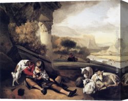 Landscape with Shepherds Watering Their Flocks Canvas Paintings - Landscape with Shepherd Boy by Jan Weenix