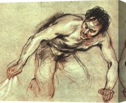 Male Canvas Paintings - Kneeling Male Nude by Jean-Antoine Watteau