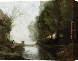 Square Canvas Paintings - Watercourse leading to the square tower by Jean-Baptiste-Camille Corot
