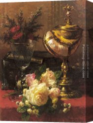 Chinese Porcelain Canvas Paintings - A Bouquet of Roses and other Flowers in a Glass Goblet with a Chinese Lacquer Box and a Nautilus Cup on a red Velvet draped Table by Jean-Baptiste Robie