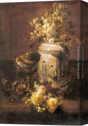 A Still Life with Flowers Grapes And a Melon Canvas Paintings - Still Life With Japanese Vase And Flowers by Jean-Baptiste Robie