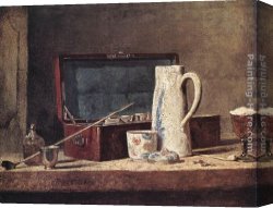 Still Life of Marigolds in a Westerwald Jug Canvas Paintings - Still-Life with Pipe and Jug by Jean Baptiste Simeon Chardin