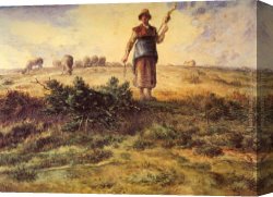 Millet Canvas Paintings - A Shepherdess and her Flock by Jean Francois Millet