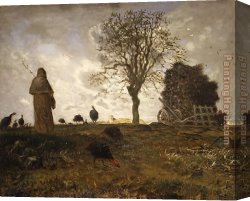 Millet Canvas Paintings - Autumn landscape with a flock of Turkeys by Jean Francois Millet