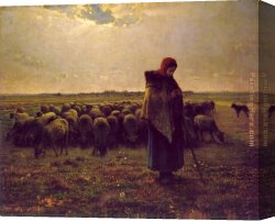 Millet Canvas Paintings - Shepherdess with her flock by Jean Francois Millet